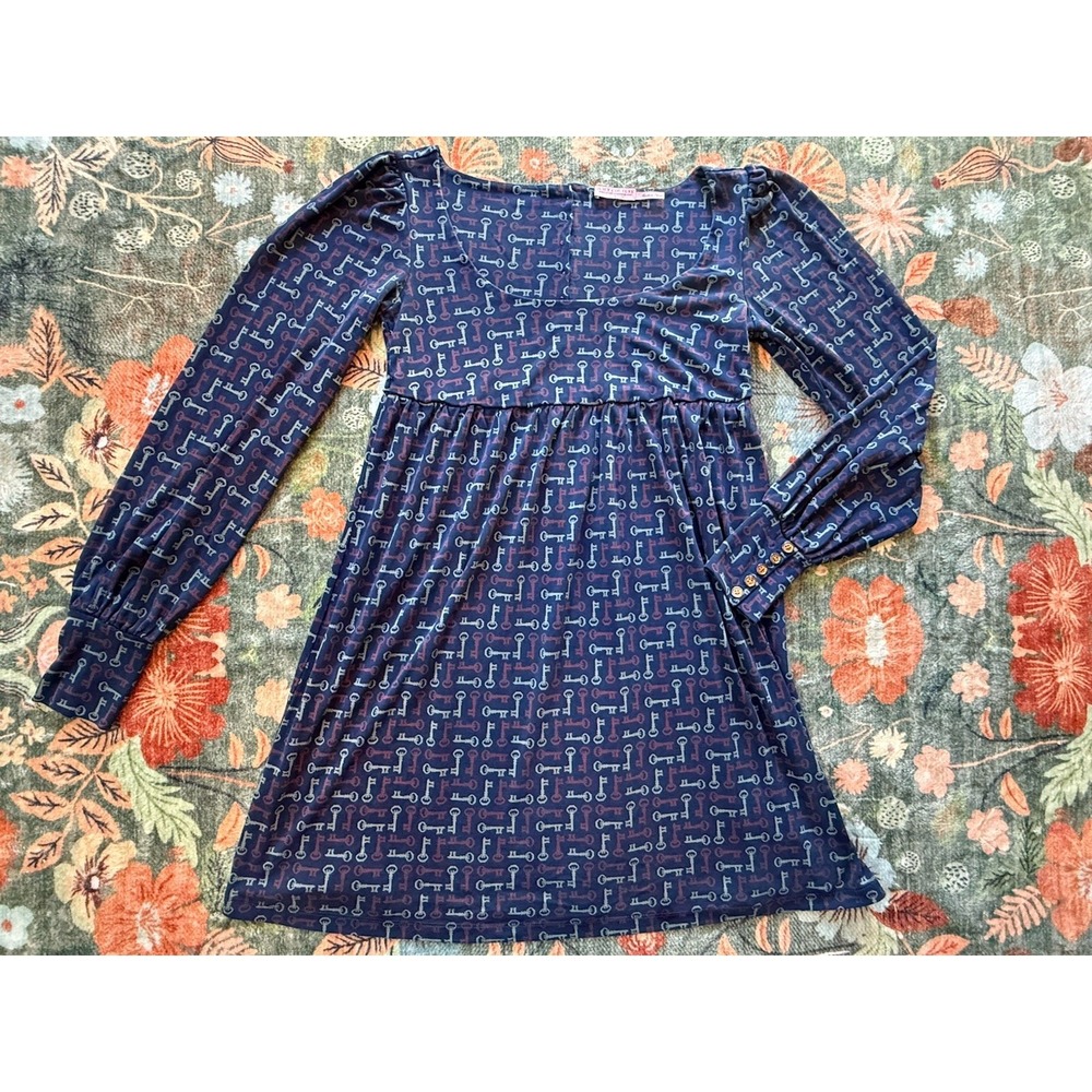 Juicy Couture Silk Dress Sz S Babydoll Y2K Blue Red Skeleton Key Empire Waist